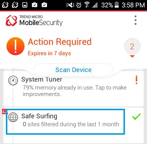 Safe Surfing Option Trend Micro App on Android