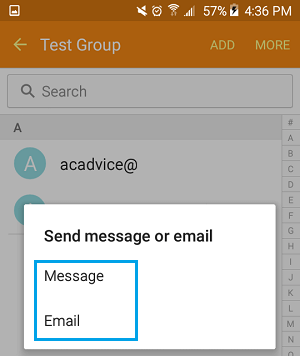 Send Message or Email Option on Android Phone