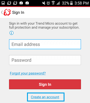 Sign up for Trend Micro Account on Android