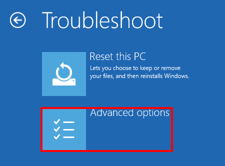 Advanced Options Tab in Windows 10 Troubleshoot Screen