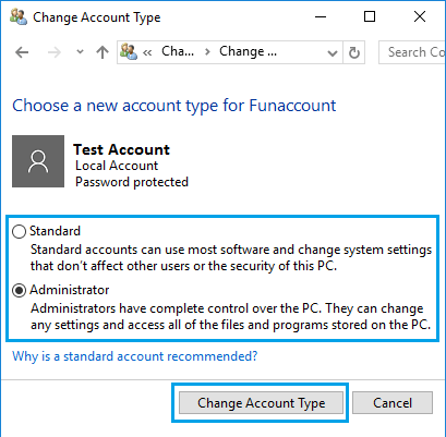 Change Windows 10 User Account Type to Standard or Administrator