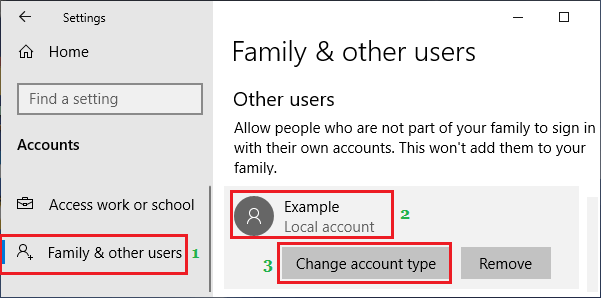 Change Account Type Option in Windows 10