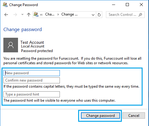 Change User Account Password Screen in Windows 10