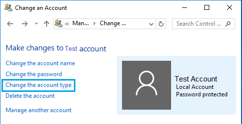 Change Account Type Option in Windows 10