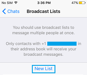 Create New Broadcast List Tab on WhatsApp iPhone