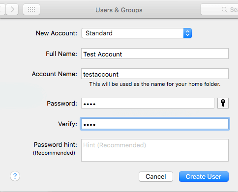 Enter New User Account Name and Password on Mac