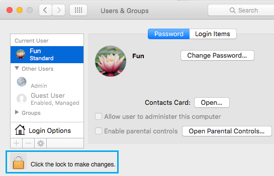 Lock Icon in Users and Group Settings on Mac