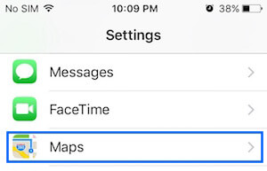 Maps Option on iPhone Settings Screen