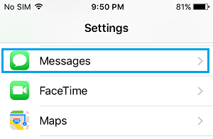 Messages Tab on iPhone settings Screen