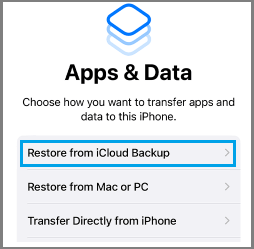 Restore From iCloud Backup Option on iPhone Apps and Data Screen