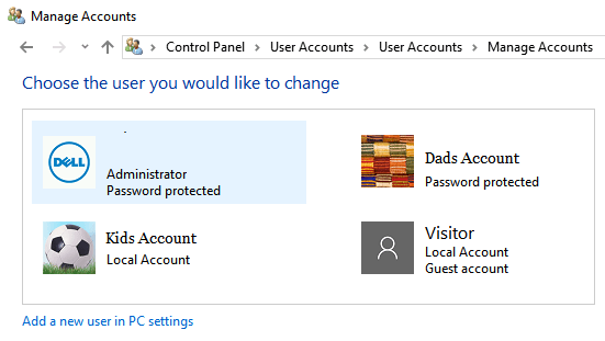 Manage User Accounts Screen in Windows 10