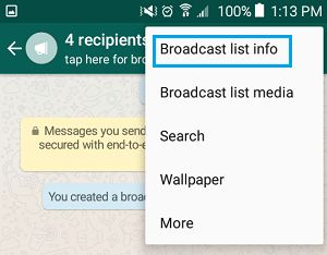 WhatsApp Broadcast List Info Option on Android Phone