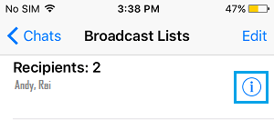 WhatsApp Broadcast List Info icon On iPhone