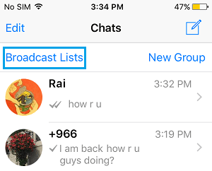 Broadcast List Tap on WhatsApp iPhone