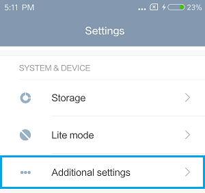 Additional Settings Tab on Xiaomi Phone