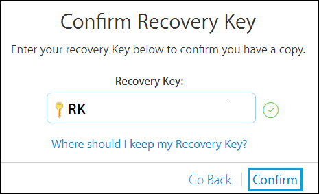 Confirm Apple ID Recovery Key