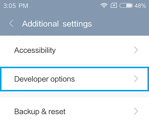 Developer Options Tab on Android Phone Under Additional Settings