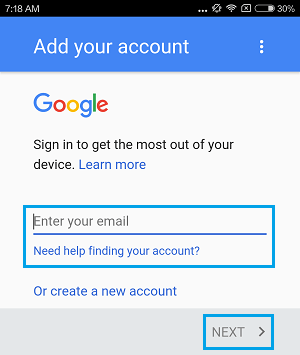 Enter Email Address in Google Play Store on Xiaomi Phone