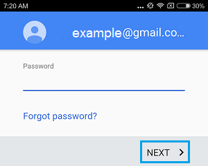 Enter Password for Email in Google Play Store