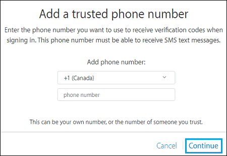 Enter Phone Number for Two Step Verification