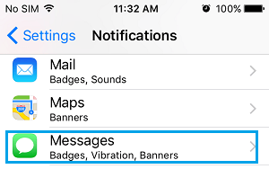 Messages App Notifications Settings Option on iPhone