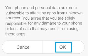 Ok Pop-up When Enabling Install Apps From Unknown Sources on Xiaomi Phone