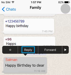 Reply To Individual Message Option on WhatsApp iPhone