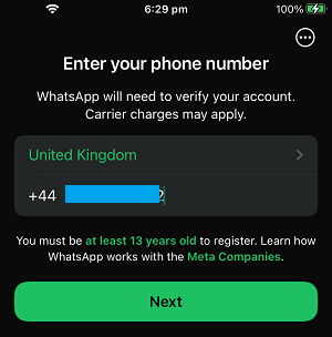 Select Country & Enter Phone Number