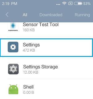 Settings App Options on Android Phone