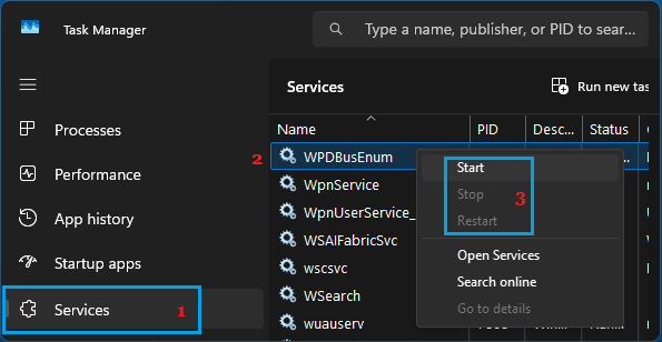 Start Windows Service Using Task Manager