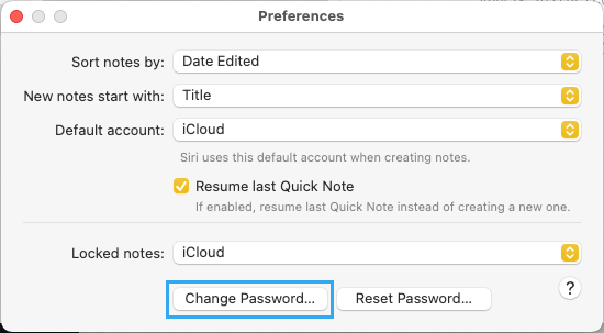 Change Password Option in Notes App On Mac