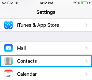 Contacts Tab in Settings on iPhone