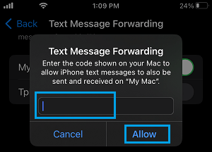 Enter Verification Code to Enable Text Message Forwarding From iPhone