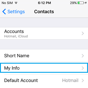 My Info Tab in Contacts Settings on iPhone