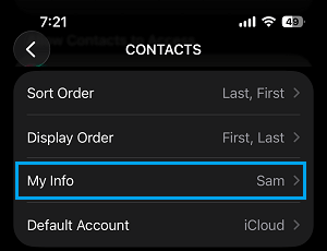 My Info Section of Contacts App on iPhone