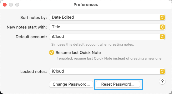 Reset Password Option in Notes App On Mac