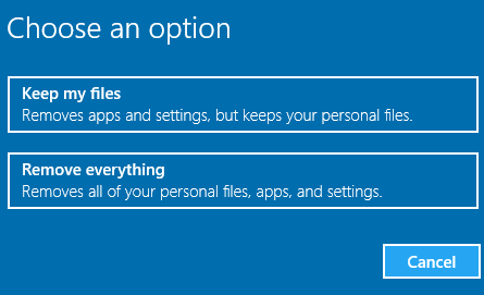 Reset PC Options in Windows 10