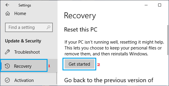 Reset This PC option in Windows