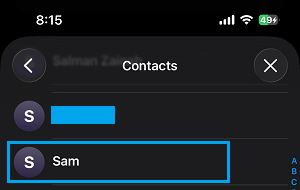 Select Contact In Contacts App iPhone