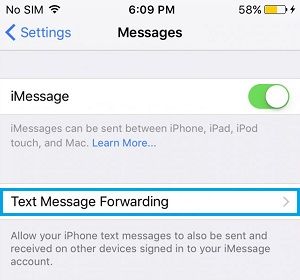 Text Messaging Forwarding Option on iPhone