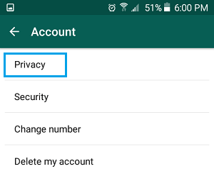 WhatsApp Privacy Tab on Android Phone