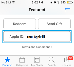 Apple ID Tab on App Store iPhone