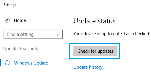 Check For Updates Option in Windows 10