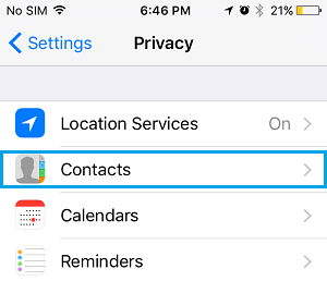 Contacts Tab on Privacy Screen on iPhone