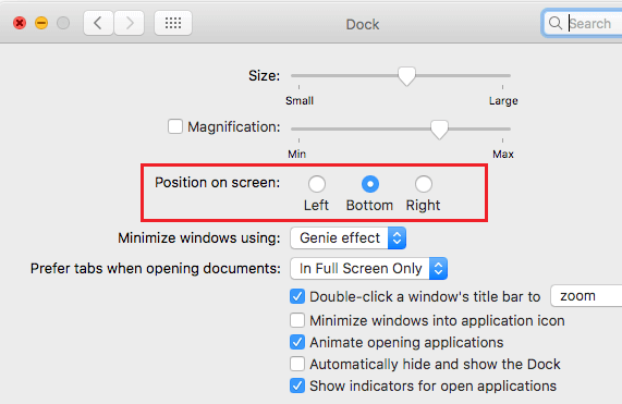 Dock Position on Screen Option on Mac