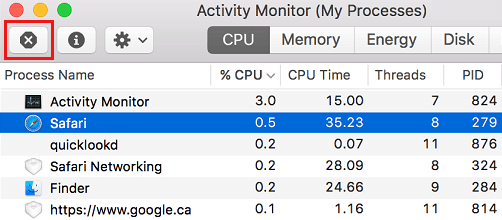 Force Quit Safari Using Activity Monitor on Mac