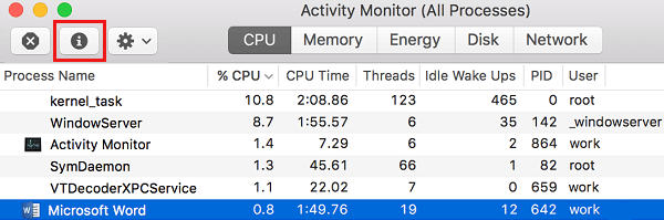 Information Icon in Activity Monitor on Mac