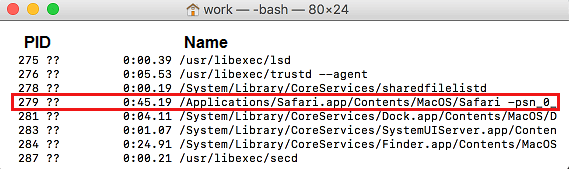 List of Running Applications in Terminal on Mac