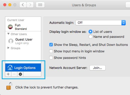 Login Options Tab on Mac