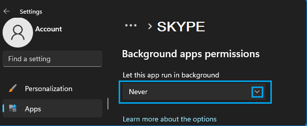 Prevent Skype from Running in Background option in Windows